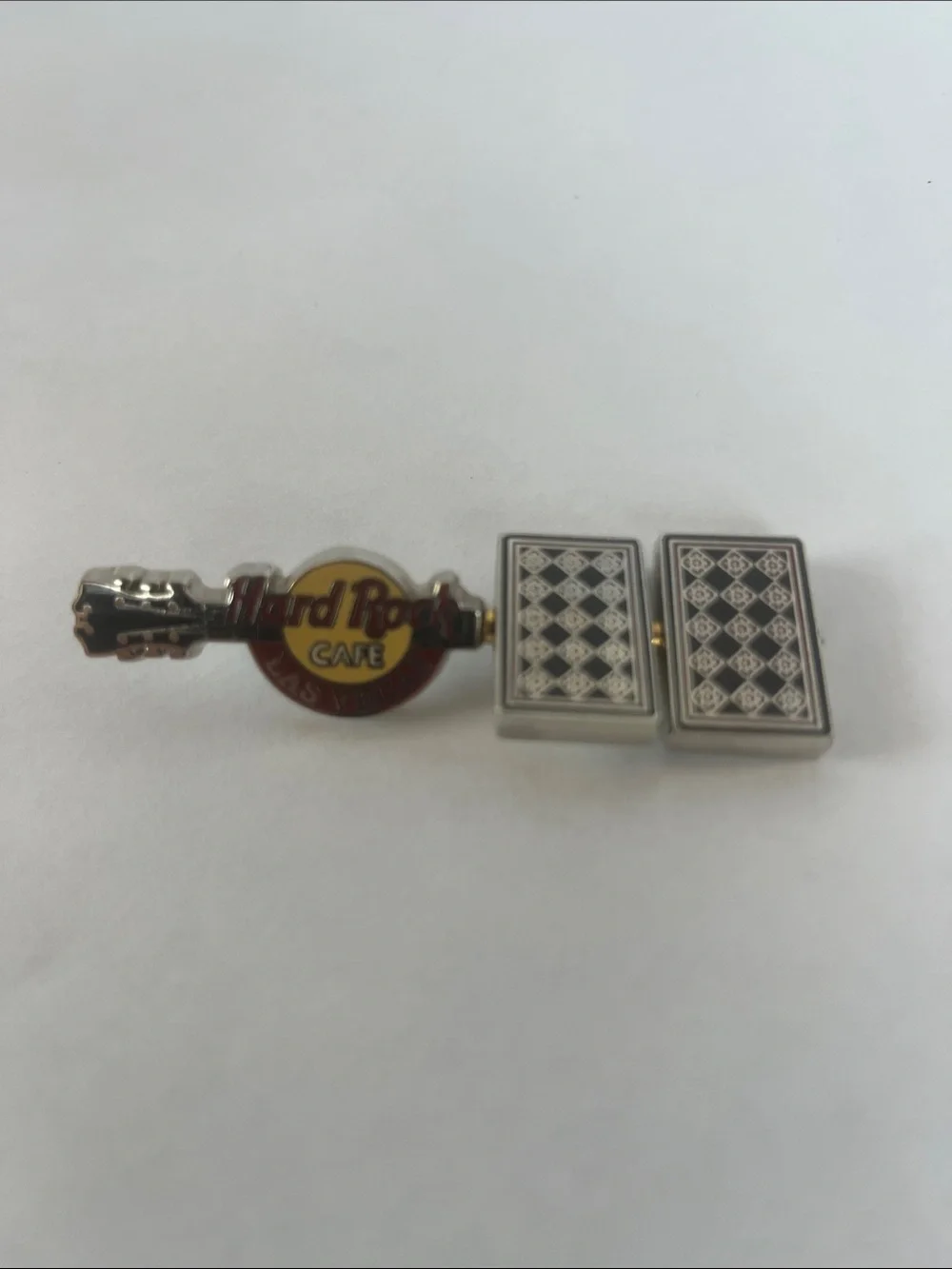 Hard Rock Cafe Yellow and White Guitar Pin with Spinning Playing Cards Ace King